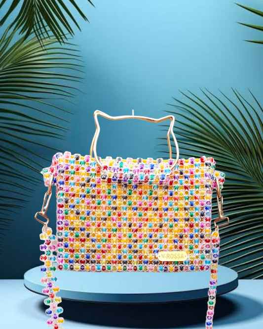 ACRYLIC CRYSTAL BAG WITH KITTY HANDLE (MULTI COLOR)